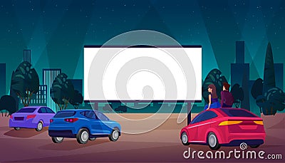 People in car cinema concept vector illustration, cartoon couple driver characters watching movie at big screen of open Vector Illustration