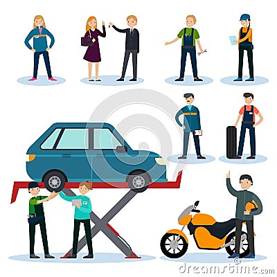 People In Car Repair Service Set Vector Illustration