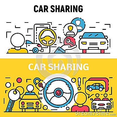 People car sharing banner set, outline style Vector Illustration