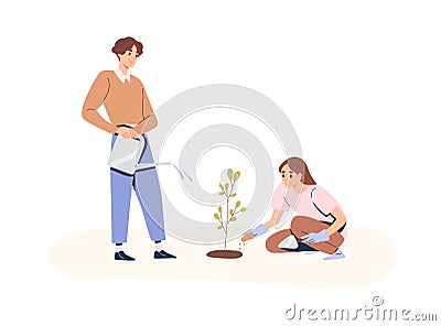 People care about plant. Couple of volunteers cultivating sapling, watering it and fertilizing soil. Man and woman work Vector Illustration