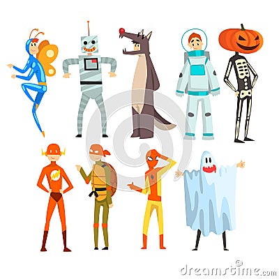 People in carnival costumes set, funny persons dressed as an butterfly, robot, wolf, astronaut, superhero, ninja turtle Vector Illustration