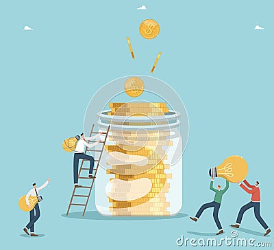 People carry light bulbs to jar of coins Vector Illustration