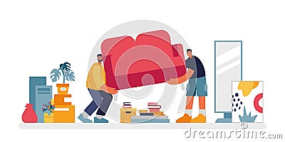 People carry sofa illustration. Two male characters pulling red upholstered furniture in apartment. Vector Illustration