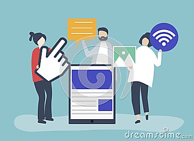 People carrying different icons related to online media Vector Illustration