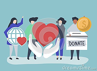 People carrying donation and charity related icons Vector Illustration