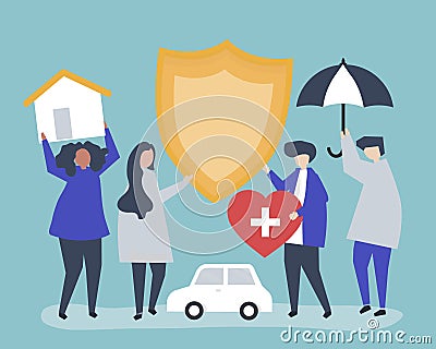 People carrying icons related to insurance Vector Illustration