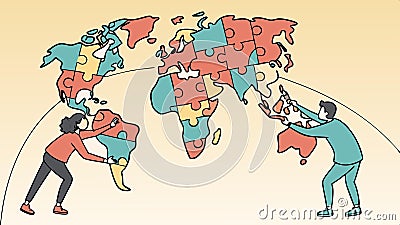 People carrying world map pieces, global unity vector design. vector design Generative AI Vector Illustration