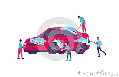 People cartoon characters cleaning vehicle with special equipment. Car wash service, automatic carwash concept. Vector Vector Illustration