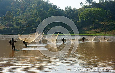 People catch fish by lift net on ditch Editorial Stock Photo