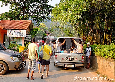 People catch a local bus in Krabi, southern Thailand Editorial Stock Photo