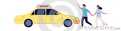 People catch taxi. Young couple stop yellow car. Isolated man woman and transport, taxi service vector illustration Vector Illustration