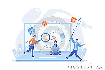 People catching bugs on the laptop screen with angle brackets. IT software application testing, quality assurance, QA team Vector Illustration