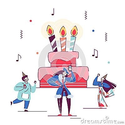 People celebrate birthday around big cake. Calendar event Vector Illustration