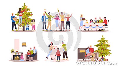 People celebrate christmas and new year set. Family on winter Vector Illustration