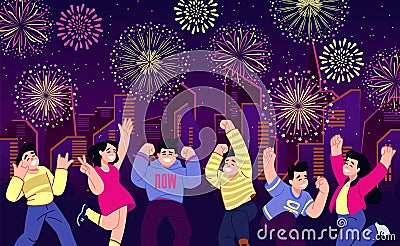 People celebrate, city fireworks festival outdoors party. Crowd at night sky watch from building, persons look. Happy Vector Illustration