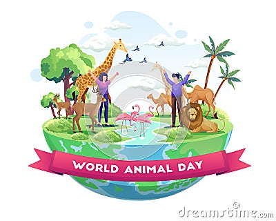 People Celebrate World Animal Day. Animals on the planet, Wildlife Day with the animals. Vector Illustration Vector Illustration