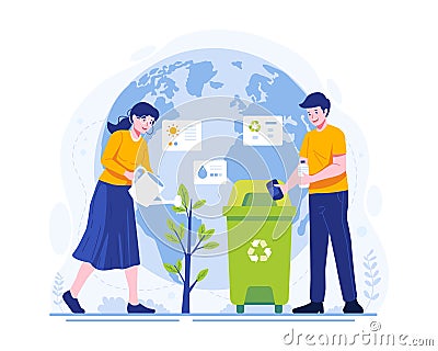 People Celebrate World Environment Day by taking care of the Earth. A Couple is watering a tree and throwing garbage in its place Vector Illustration