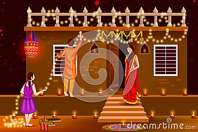 People celebrating Happy Diwali holiday India background Vector Illustration