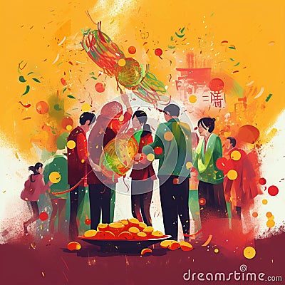 People celebrating Tet with traditional foods, decorations, and fireworks Stock Photo