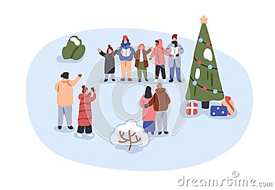 People celebrating winter holidays outdoors. Happy tiny characters gathering for Christmas and New Year celebration Vector Illustration