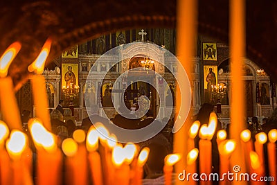 People during celebration of Orthodox Easter (Midnight Office of Pascha) Editorial Stock Photo