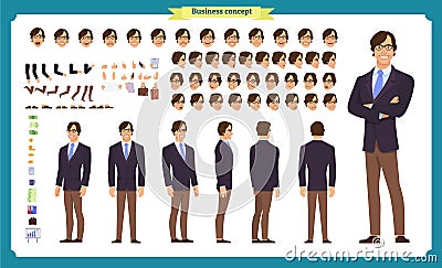 People character business set. Front, side, back view animated character. Businessman character creation set. simple, sketch, face Vector Illustration