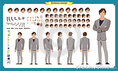 People character business set. Front, side, back view animated character.Businessman character creation set Vector Illustration