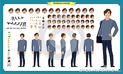 People character business set. Front, side, back view animated character.Businessman character creation set Vector Illustration