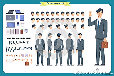 People character business set. Front, side, back view animated character. Businessman character creation set.simple, sketch, face Vector Illustration
