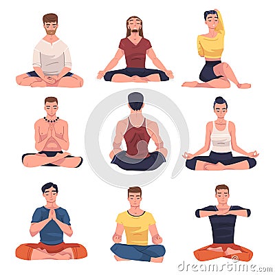 People Character Doing Meditation Sitting in Lotus Pose Practicing Mindfulness Vector Set Vector Illustration