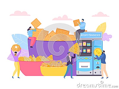 People character eat snack food, vector illustration. Cartoon tiny woman man person eating fresh baked chips production. Vector Illustration