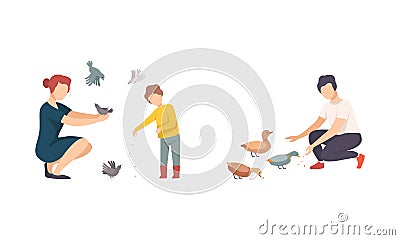 People Character Feeding Birds with Crumbs Walking in the Park Vector Set Vector Illustration