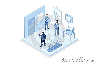 People character getting fired. Dismissed man carrying cartoon box with things and standing near the office door. Vector Illustration