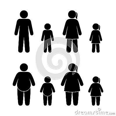 People character healthy weight and obesity, man woman and children, overweight problem icon set people figure pictog Vector Illustration