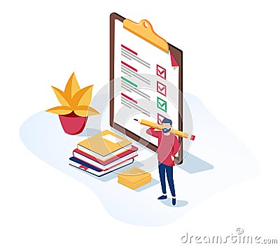 People Character Holding Pencil and Putting Check Mark on Checklist in Survey Form. Notebook and Memory Stickers Vector Illustration