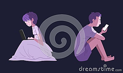 People Character Using Digital Gadget at Night Sitting on Bed Under Blanket Vector Set Vector Illustration