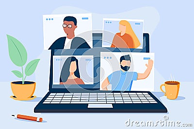 People Character working Remote at Home and using Laptop for Video Meeting with Colleagues, Friends. Online Discussion Vector Illustration