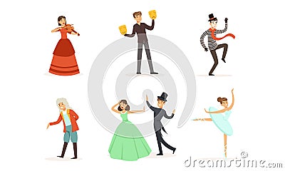 People Characters Acting in Play and Dancing on Stage of Classic Theater Vector Illustration Set Vector Illustration