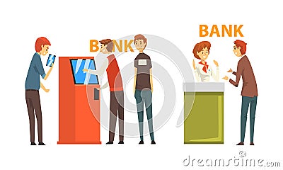 People Characters at Bank Getting Services at Enquiry Counter and Using ATM Machine Vector Set Vector Illustration