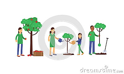 People Characters Contributing into Environment Preservation by Planting Vector Illustration Set Vector Illustration