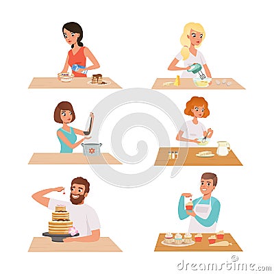 People Characters Cooking and Preparing Food at Home at Kitchen Table Vector Set Vector Illustration