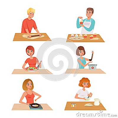 People Characters Cooking and Preparing Food at Home at Kitchen Table Vector Set Vector Illustration