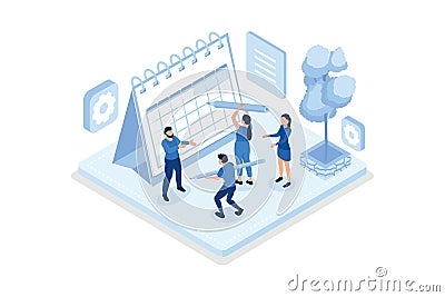 People Characters Filling Planning Schedule. Man and Woman Left Notes, Manage and Organize their Work and Time. Business Plan and Vector Illustration