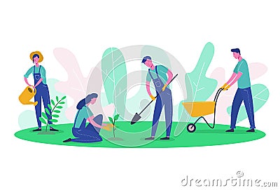 People characters Gardener and Farmer Work in Garden. Woman Harvest Tree, Female Planting green, Man digging Vector Illustration