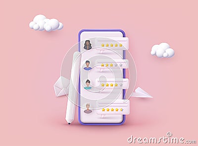 People Characters Giving Feedback. Vector customer review concepts. Reviews stars with good and bad rate and text. 3D Web Vector Vector Illustration