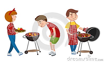 People Characters Having Barbeque Party Grilling Meat Vector Illustration Set Vector Illustration