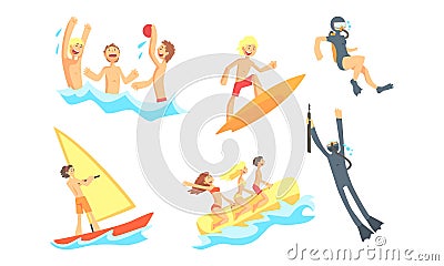 People Characters Having Summer Vacation at Seaside Playing and Having Fun with Water Sport On the Beach Vector Vector Illustration