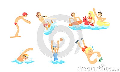 People Characters Having Summer Vacation at Seaside Playing and Having Fun with Water Sport On the Beach Vector Vector Illustration