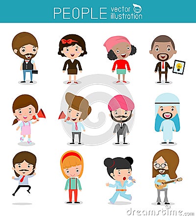 People characters, large group of people, Set of diverse business people in flat style isolated on white background, Different nat Vector Illustration