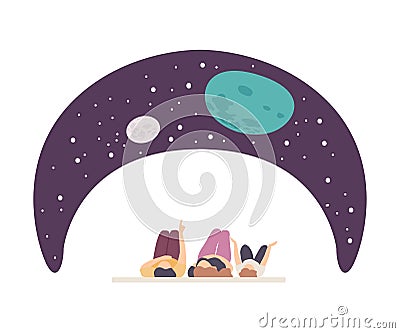 People Characters Lying on Floor and Watching Starry Sky Projection Vector Illustration Vector Illustration